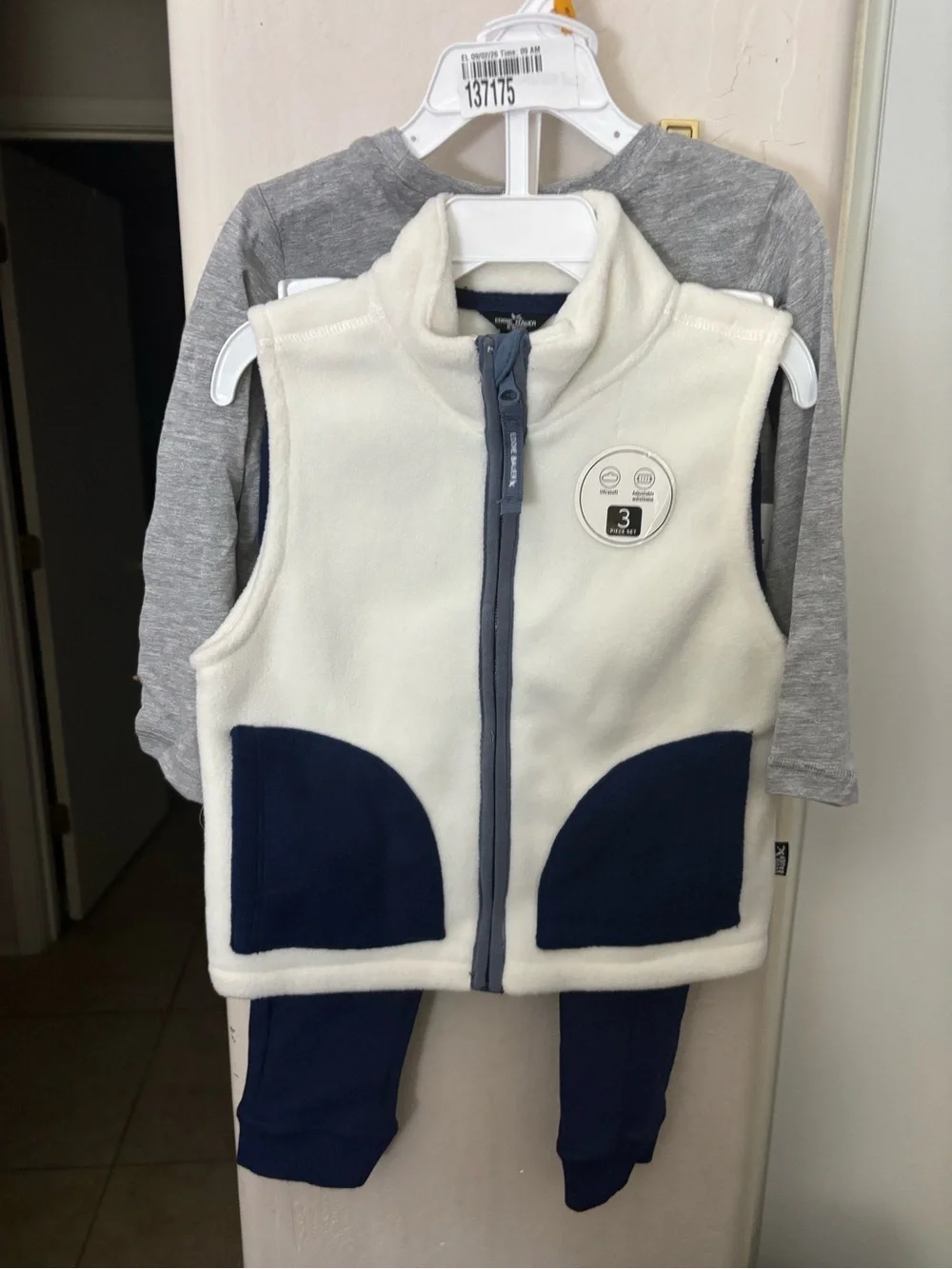 NWT Eddie Bauer Cream Fleece Vest, Navy Sweats, and gray long sleeve- Size 3T